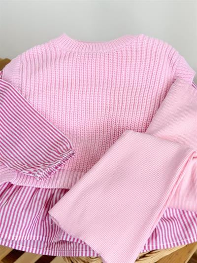 Kız Çocuk Pamuklu Pembe Triko Üçlü Takım – Çizgili Fırfır Detaylı