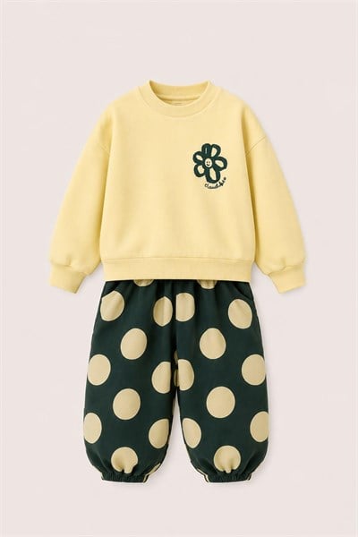 Kız Çocuk Pamuklu Çiçek Baskılı Sarı Sweatshirt ve Puantiyeli Eşofman Takımı