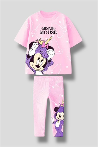 Kız Çocuk Minnie Mouse Unicorn Baskılı 2li Takım - Kısa Kollu Tişört ve Desenli Tayt