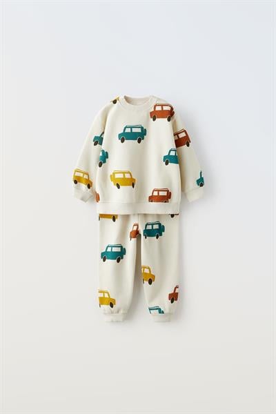 Erkek Çocuk Pamuklu Araba Desenli Sweatshirt ve Eşofman Altı Alt-Üst Takım - Günlük Takım