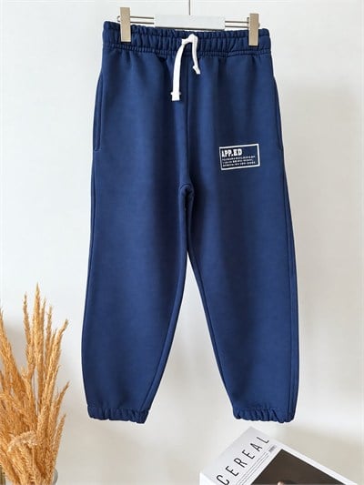 Çocuk Pamuklu Yazı Baskılı Lacivert Kapüşonlu Sweatshirt ve Eşofman Altı Takımı