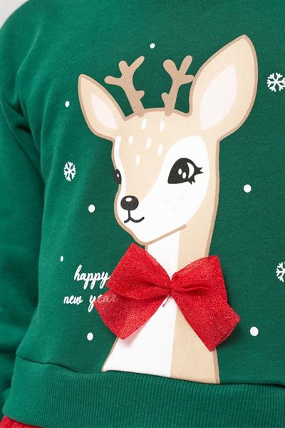 Kız Çocuk Pamuklu Yeşil Geyik Desenli Sweatshirt ve Kırmızı Tül Etek Takımı - Yılbaşı Konseptli