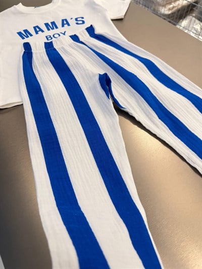 Erkek Çocuk Pamuklu Mamas Boy Baskılı T-shirt Çizgili Müslin Pantolon Takım