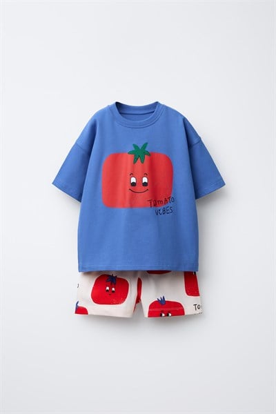 Unisex Çocuk Pamuklu Mavi Domates Baskılı T-Shirt Şort Takım