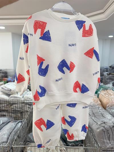 Unisex Çocuk Pamuklu Beyaz Renk Desenli Sweatshirt ve Eşofman Alt Takım – Kırmızı Mavi NAVI Baskılı