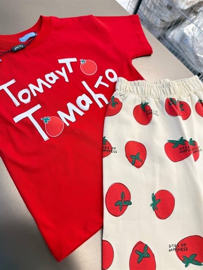 Kız Çocuk Pamuklu Kırmızı Domates Baskılı T-shirt Eşofman Takım