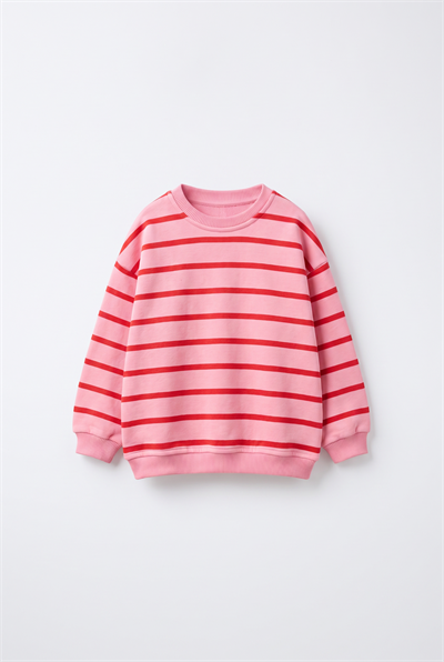 Kız Çocuk Pembe Oversize Çizgili Sweatshirt
