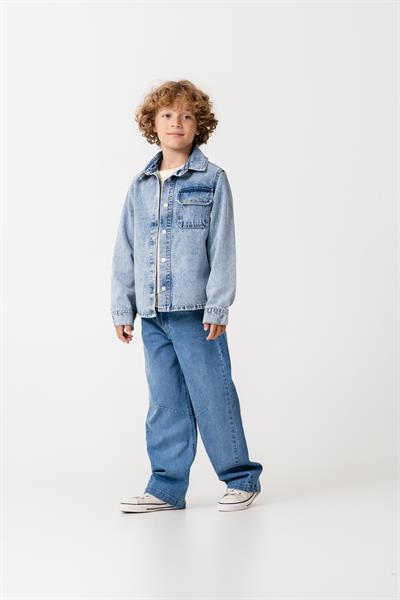 Erkek Çocuk Pamuklu Denim Gömlek Ceket ve Geniş Paça Jean Takım