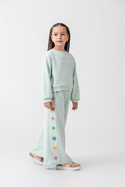 Kız Çocuk Pamuklu Mint Yeşil Çiçek Nakışlı Sweatshirt ve Eşofman Takım