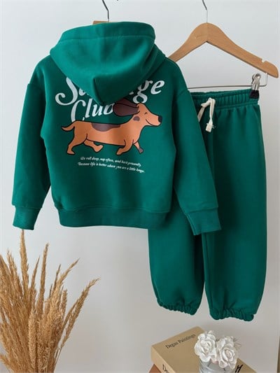 Çocuk Pamuklu Köpek Baskılı Yeşil Kapüşonlu Sweatshirt ve Eşofman Altı Takımı