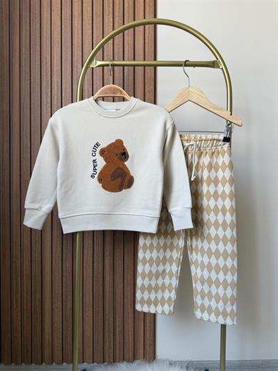 Erkek Çocuk Pamuklu Ekru Pelüş Ayıcık Baskılı Sweatshirt ve Desenli Pantolon Takım