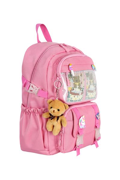 Kız Çocuk Pembe Unicorn ve Peluş Anahtarlıklı Okul Çantası - Şeffaf Cepli