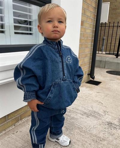 Unisex Çocuk Pamuklu Mavi Jean Sweatshirt ve Pantolon Takım - Yan Şeritli