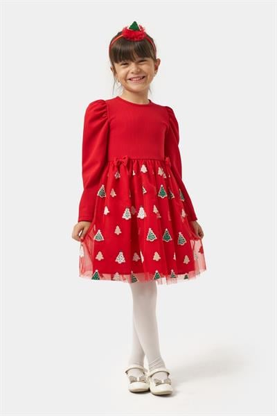 Kız Çocuk Pamuklu Kırmızı Noel Ağacı Desenli Tüllü Elbise - Balon Kollu Yılbaşı Elbisesi