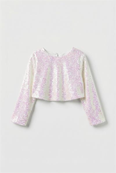 Kız Çocuk Pamuklu Ekru Pembe Payetli Uzun Kollu Crop Bluz