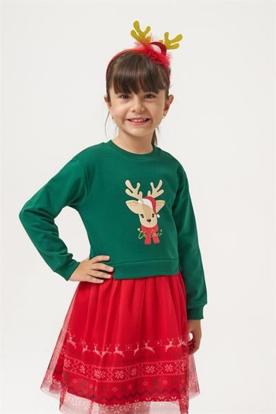 Kız Çocuk Pamuklu Yeşil Geyik Desenli Sweatshirt ve Kırmızı Tüllü Etek Takımı - Yılbaşı Özel Koleksiyonu