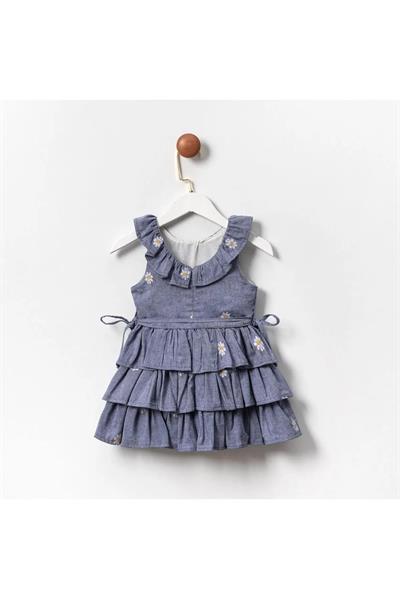 Kız Çocuk Pamuklu Mavi Papatya Nakışlı Kat Kat Elbise - Fırfır Yaka Detaylı
