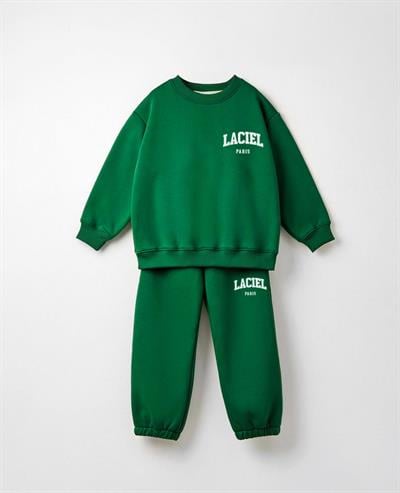 Unisex Çocuk Pamuklu Yeşil Sweatshirt Eşofman Alt-Üst Takım