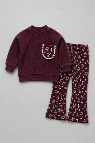 Kız Çocuk Çiçek Desenli Bordo Sweatshirt ve İspanyol Paça Tayt Takımı
