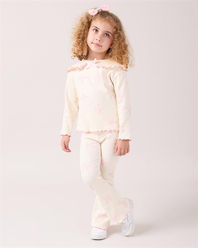 Kız Çocuk Pamuklu Ekru Pembe Fiyonklu Ribana Takım - Uzun Kollu Üst ve İspanyol Paça Alt