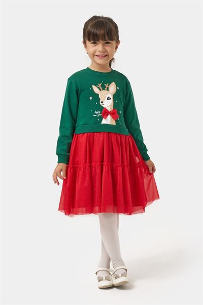 Kız Çocuk Pamuklu Yeşil Geyik Desenli Sweatshirt ve Kırmızı Tül Etek Takımı - Yılbaşı Konseptli