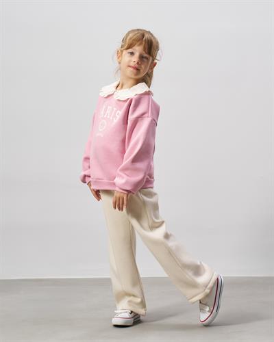 Kız Çocuk Pamuklu Pembe Paris Baskılı Dantel Yaka Sweatshirt Ekru Pantolon Takım
