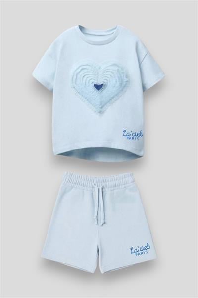 Kız Çocuk Pamuklu Açık Mavi Kalp Desenli Şortlu Takım - Laciel Paris Yazılı