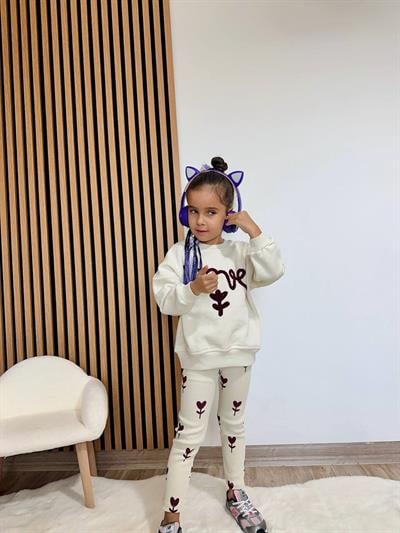 Kız Çocuk Pamuklu Krem Kalp-Çiçek Desenli Sweatshirt & Tayt Takım