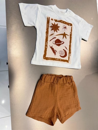 Unisex Bebek Pamuklu Ekru Uzay Temalı Tişört Şort Takım