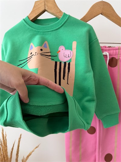 Çocuk Pamuklu Kedi Baskılı Yeşil Sweatshirt ve Puantiyeli Pembe Eşofman Takımı