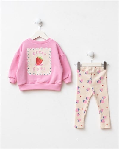 Kız Çocuk Çilek Nakışlı Pembe Sweatshirt ve Tayt Takımı