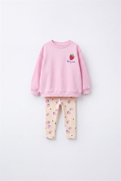 Kız Çocuk Çilek Nakışlı Pembe Sweatshirt ve Tayt Takımı