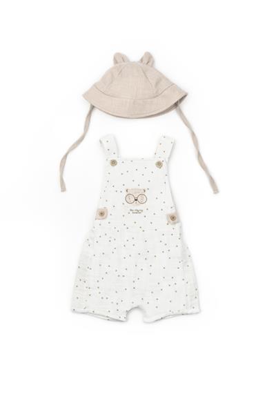 Erkek Bebek Müslin Ekru Noktalı Askılı Tulum ve Kulaklı Şapka Takımı