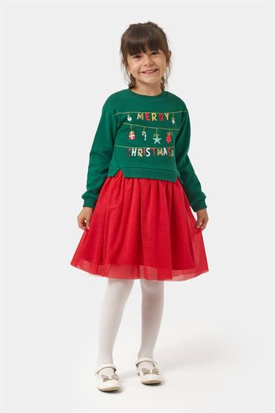 Kız Çocuk Pamuklu Yeşil Üst Kırmızı Tüllü Yeni Yıl Temalı Elbise - Merry Christmas Baskılı