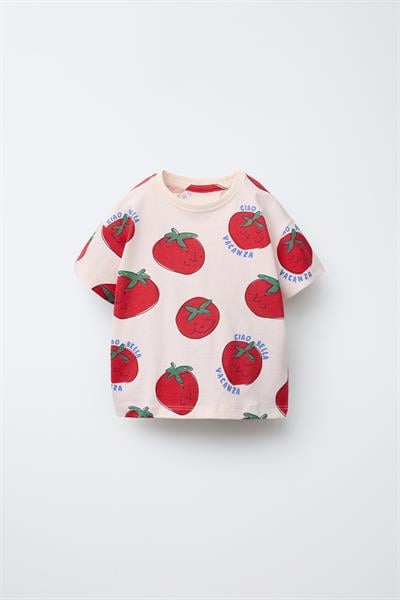 Unisex Çocuk Pamuklu Krem Domates Desenli T-Shirt Şort Takım