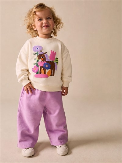 Kız Çocuk At Figürlü Ekru Sweatshirt ve Lila Eşofman Takımı