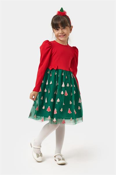 Kız Çocuk Pamuklu Kırmızı Üst ve Yeşil Ağaç Desenli Tüllü Elbise - Yılbaşı Özel Koleksiyonu