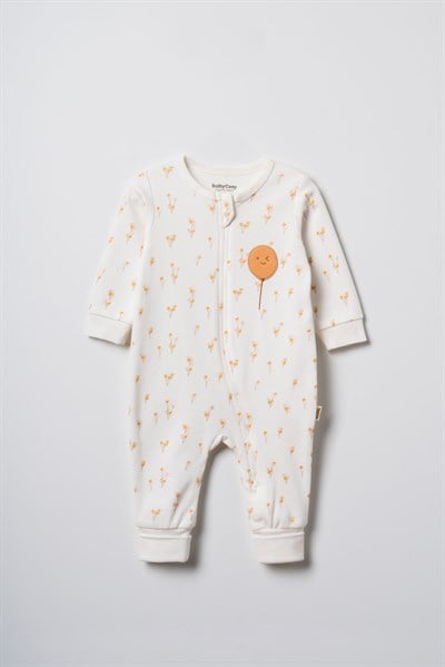 Unisex Bebek Pamuklu Ekru Uzun Kollu Tulum - Balon Desenli
