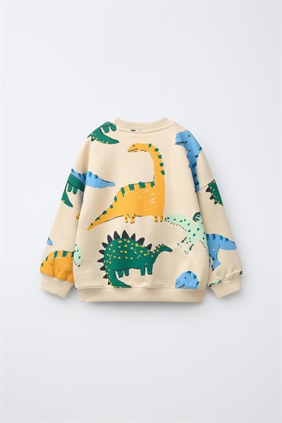 Çocuk Dinozor Desenli Bej Sweatshirt ve Eşofman Altı Takımı
