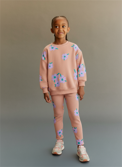 Kız Çocuk Pamuklu Somon Çiçek Desenli Sweatshirt ve Tayt Eşofman Takım