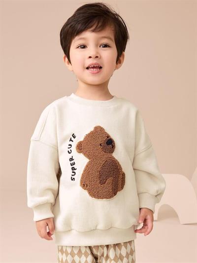 Erkek Çocuk Pamuklu Ekru Pelüş Ayıcık Baskılı Sweatshirt ve Desenli Pantolon Takım