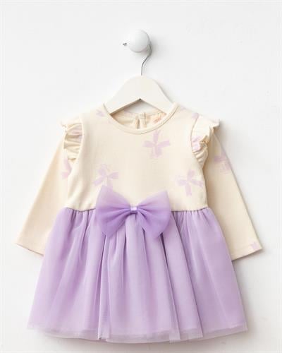 Kız Bebek Pamuklu Lila Tüllü Fiyonklu Elbise - Uzun Kollu Ribana