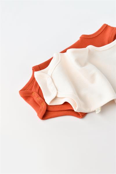 Unisex Bebek Pamuklu Kolsuz Kiremit & Krem Body Seti