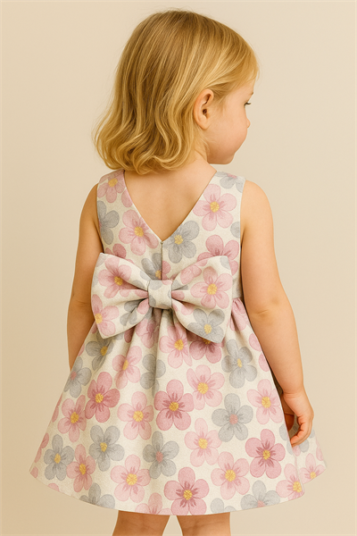 Kız Çocuk Pamuklu Çiçek Desenli  Arkası Fiyonklu Elbise
