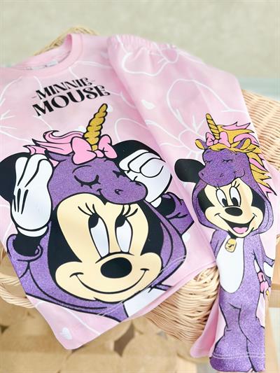 Kız Çocuk Minnie Mouse Unicorn Baskılı 2li Takım - Kısa Kollu Tişört ve Desenli Tayt