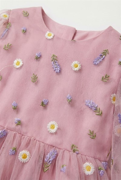 Kız Çocuk Pamuklu Pembe Çiçek Nakışlı Tül Elbise