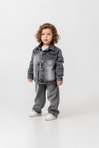 Erkek Çocuk Pamuklu Gri Denim Ceket & Pantolon Takım