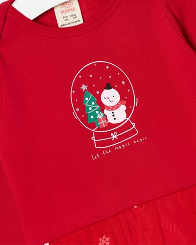 Kız Bebek Pamuklu Kırmızı Kardan Adam Temalı Tül Etekli Body Set - Saç Bandı Aksesuarlı