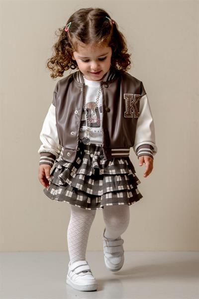 Kız Çocuk Kahverengi Ceket T Shirt ve Etek Takım