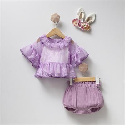 Kız Bebek Lila Dantel Detaylı Volanlı Bluz Şort Takım